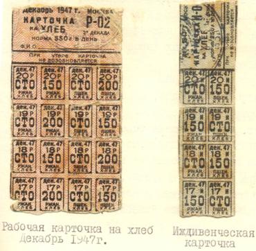 Карточки на хлеб. Дек. 1947 г. Архив Н.М. Михайловой