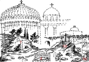 Первые алтари на Голгофе в 300-е и Храм Гроба (пунктир)