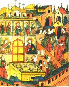 Царские иконописцы и Иван IV. Внизу-растирают краски.