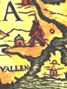 Карта 1539 г. А- I. Vallen. Непонят. строение с флагом.