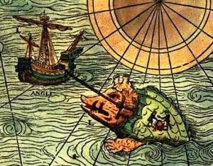 Карта 1539 г. А-L. Исл. Англы. Высадка на спину кита