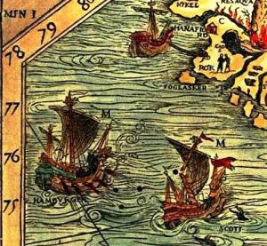 Карта 1539г. А-М. Исл. Корабли из Гамбурга и Шотландии (Скотты)