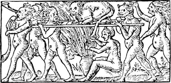 Ведьмы, несущие кота. Из "Истории" Ол. Магнус. 1555
